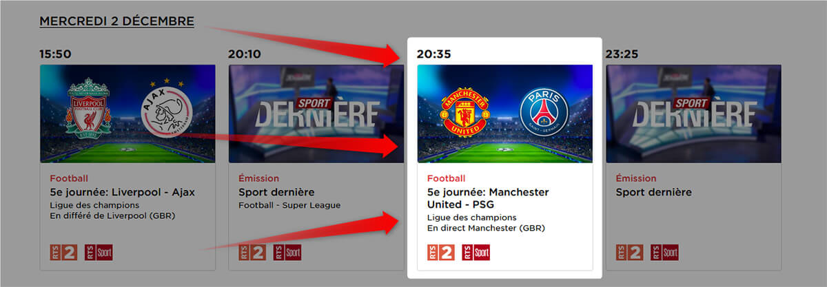 Programme Chaîne RTS Manchester United PSG LDC